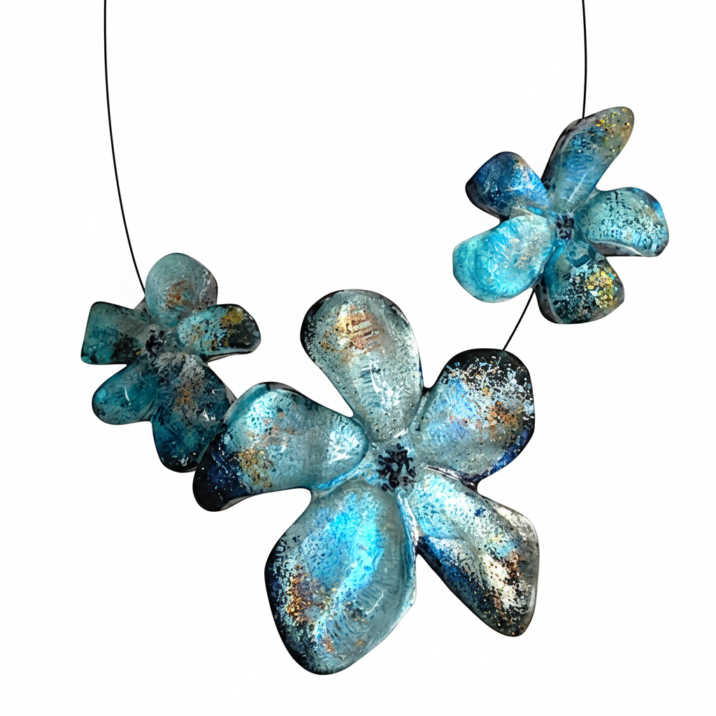 Collier 3 fleurs en résine bleu aux reflets irisés, cable acier noir. Fermoir aimanté à l'avant inséré dans les éléments.