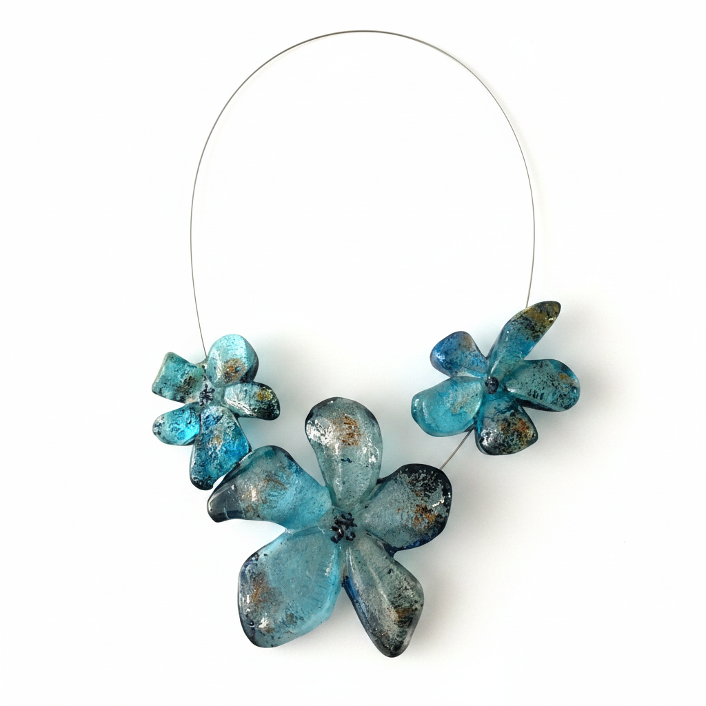 Collier 3 fleurs en résine bleu aux reflets irisés, cable acier noir. Fermoir aimanté à l'avant inséré dans les éléments.