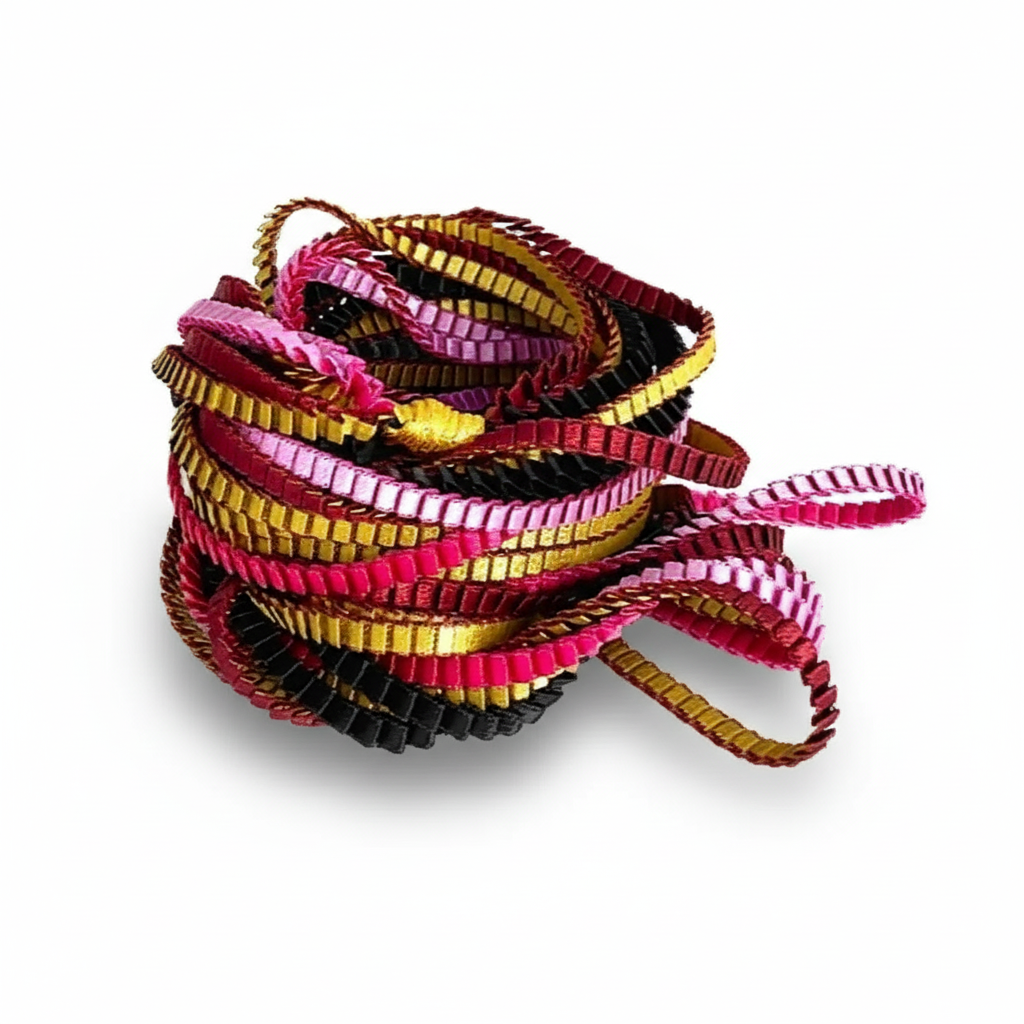 Long collier coloré composé de huit bandes de satin plissé noir,bordeaux,gold,lilas,fushia reliées les unes aux autres par un lien de coton jaune 