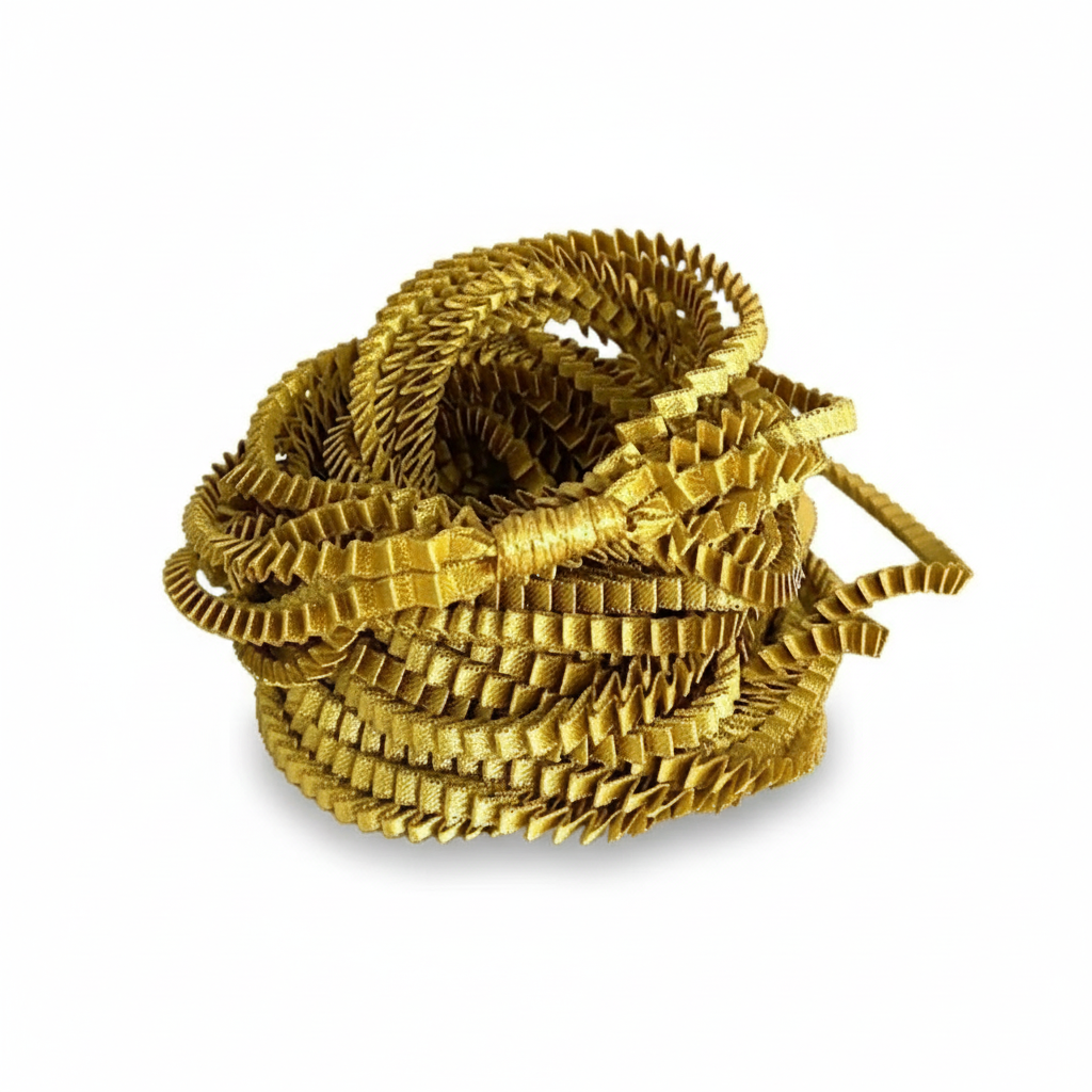 Long collier coloré composé de huit bandes de satin plissé gold reliées les unes aux autres par un lien de coton jaune 