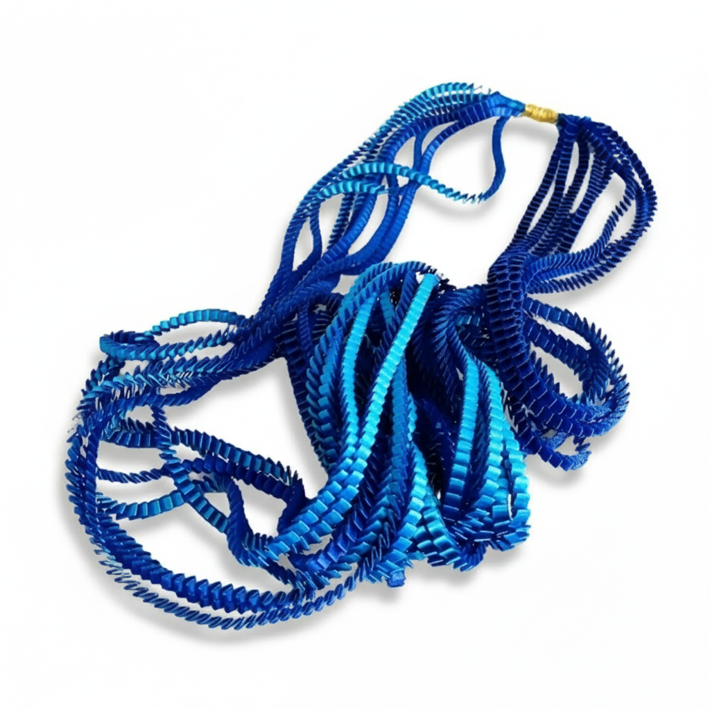 Long collier coloré composé de huit bandes de satin plissé bleu royal,turquoise reliées les unes aux autres par un lien de coton jaune 