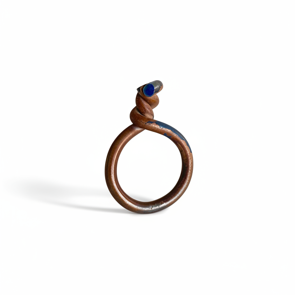 Bague en titane forgé et torsadée sur le dessus avec reflets bleu. pièce 2019