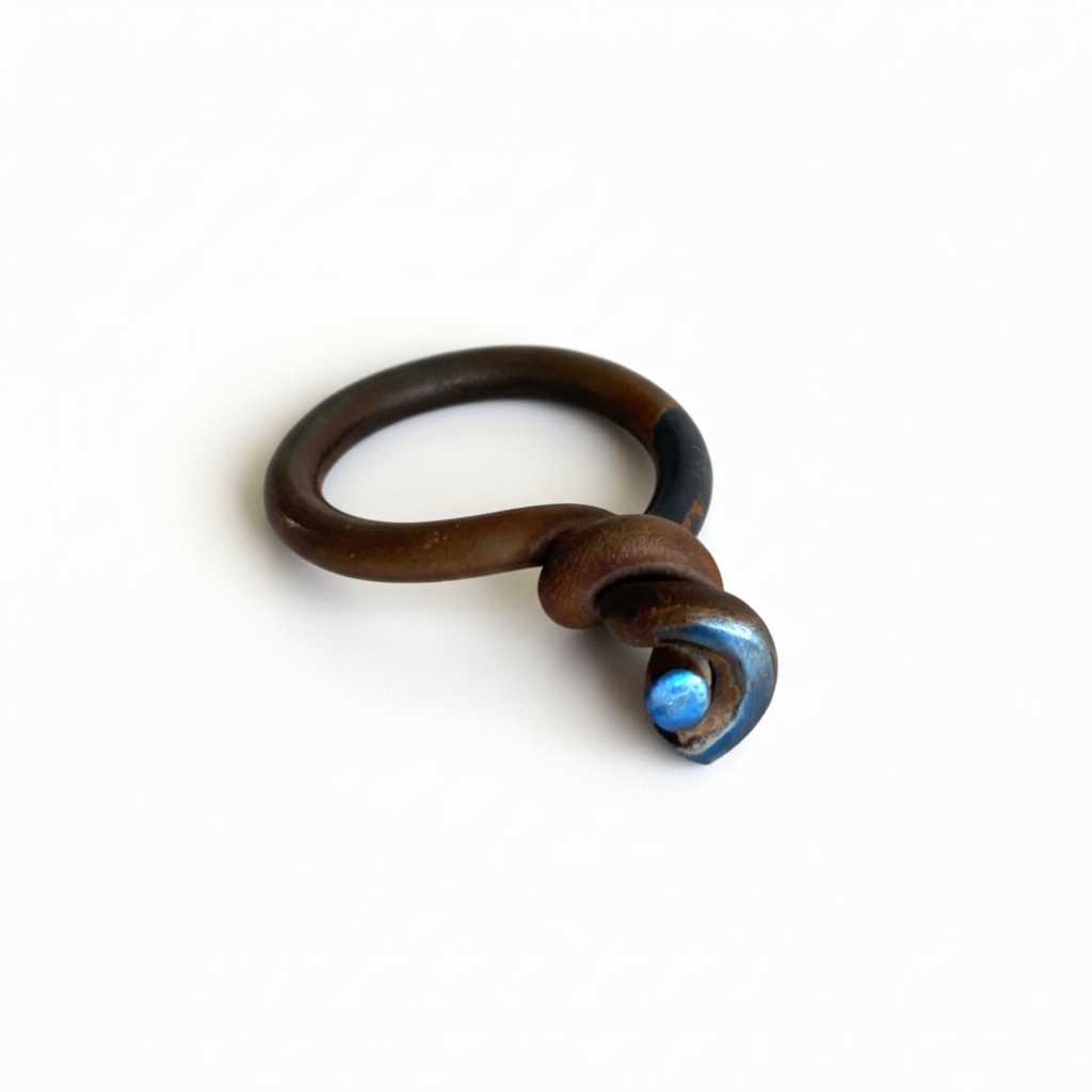 Bague en titane forgé et torsadée sur le dessus avec reflets bleu.pièce unique 2019