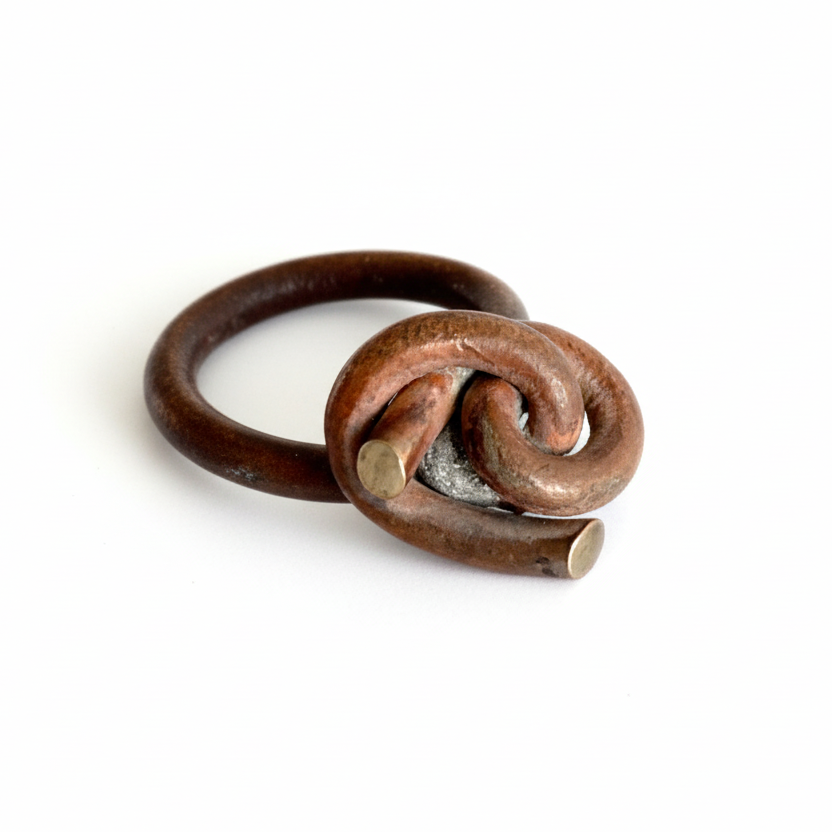 Bague noeud sur le dessus en titane, patine effet bois, reflet doré. pièce 2019