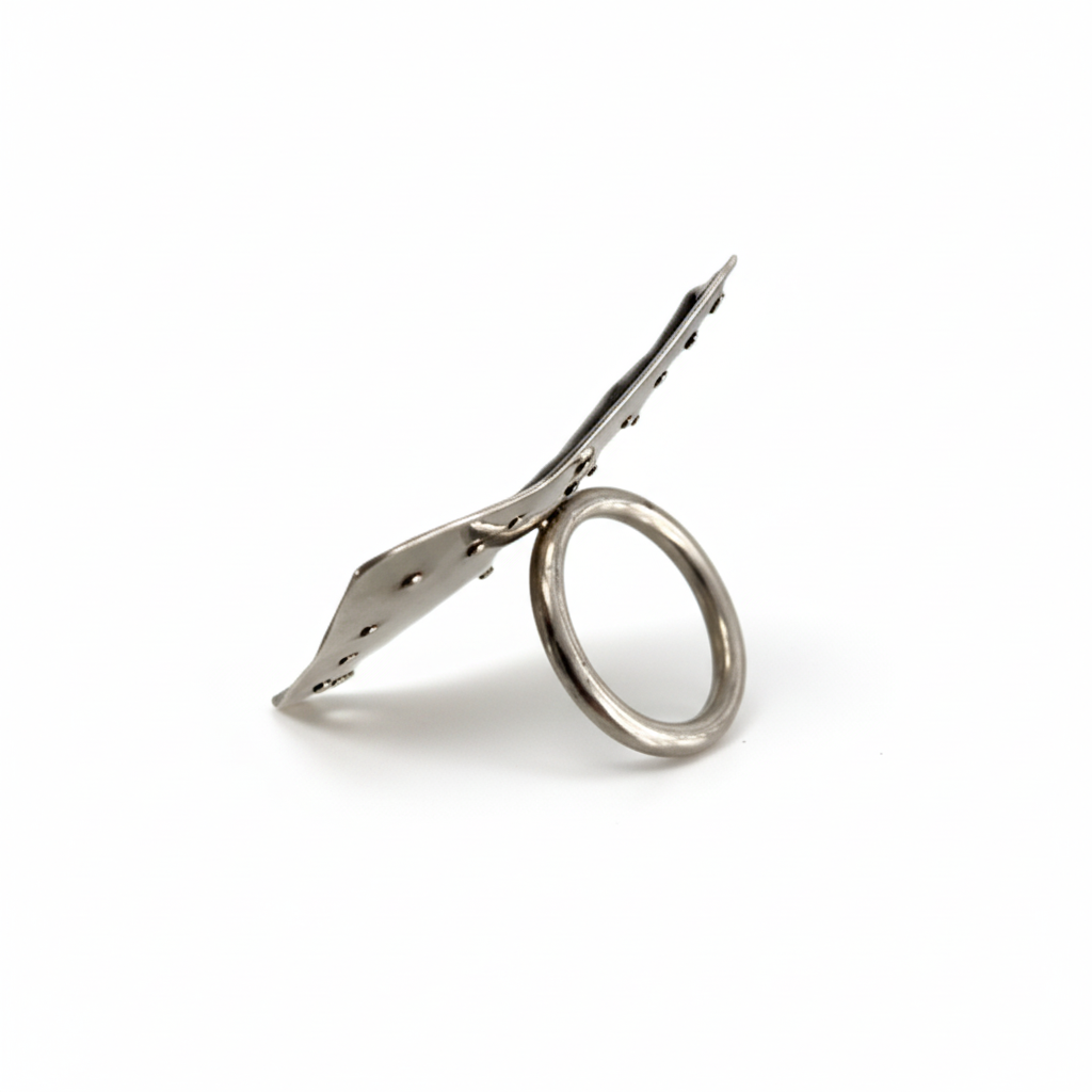 Bague sculpturale en argent et fer rouillé, monté sur un anneau rond mobile.le métal usé à l'extrême est riveté sur plaque d'argent.pièce d'artiste
