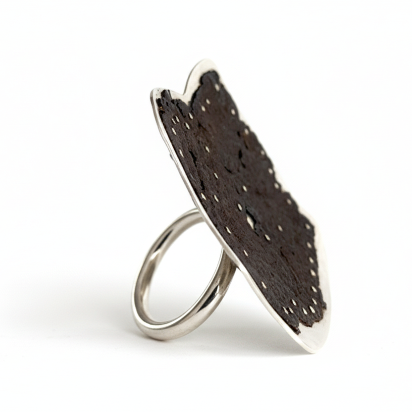 Bague sculpturale en argent et fer rouillé, monté sur un anneau rond mobile.le métal usé à l'extrême est riveté sur plaque d'argent.pièce d'artiste